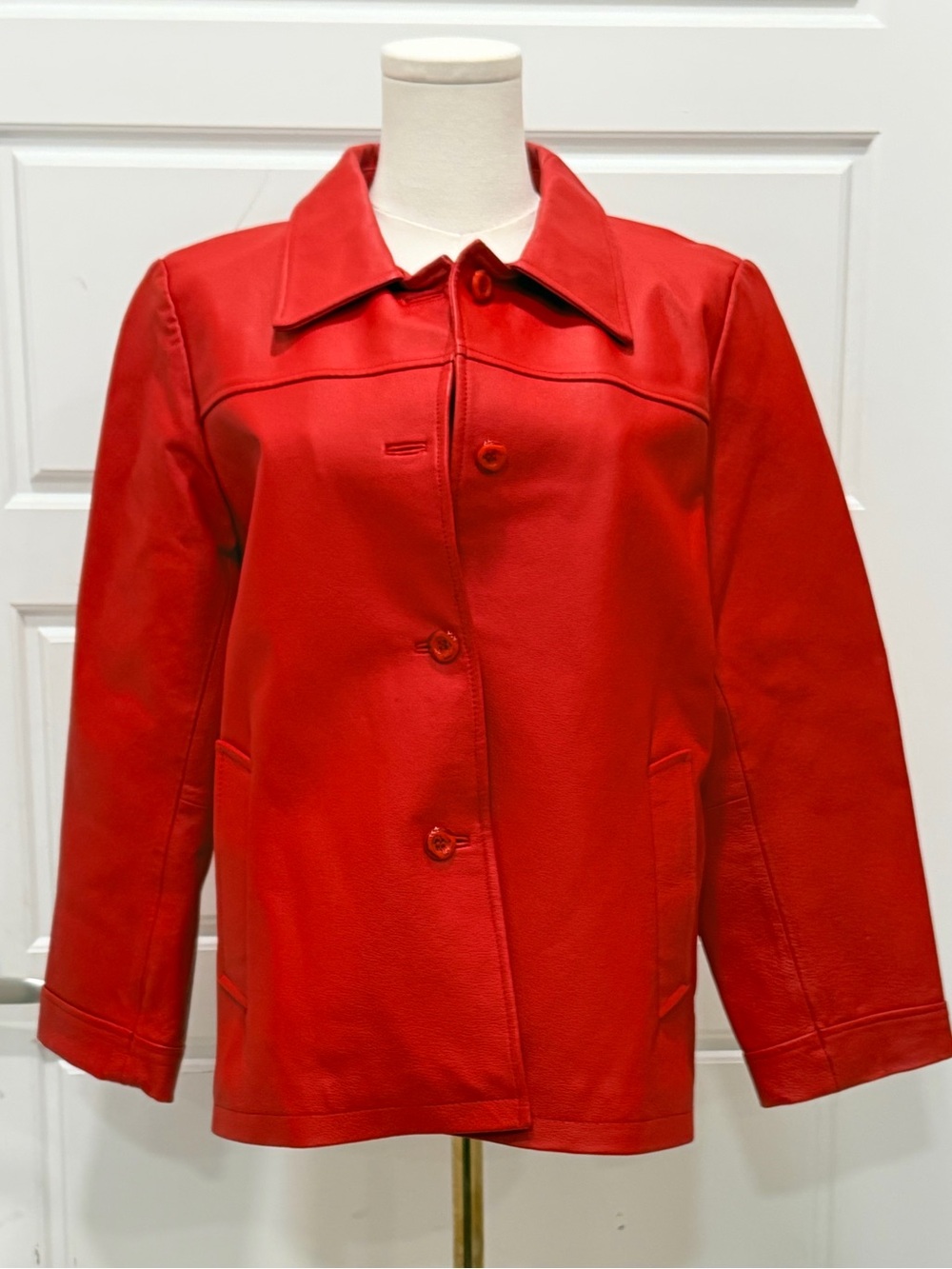Tribeca Studio Women’s Bright Red Genuine Leather Button-Front Coat